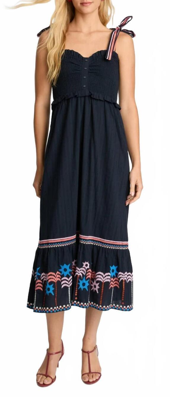 NEW CABALLERO thandi dress in peacoat navy palm embroidery